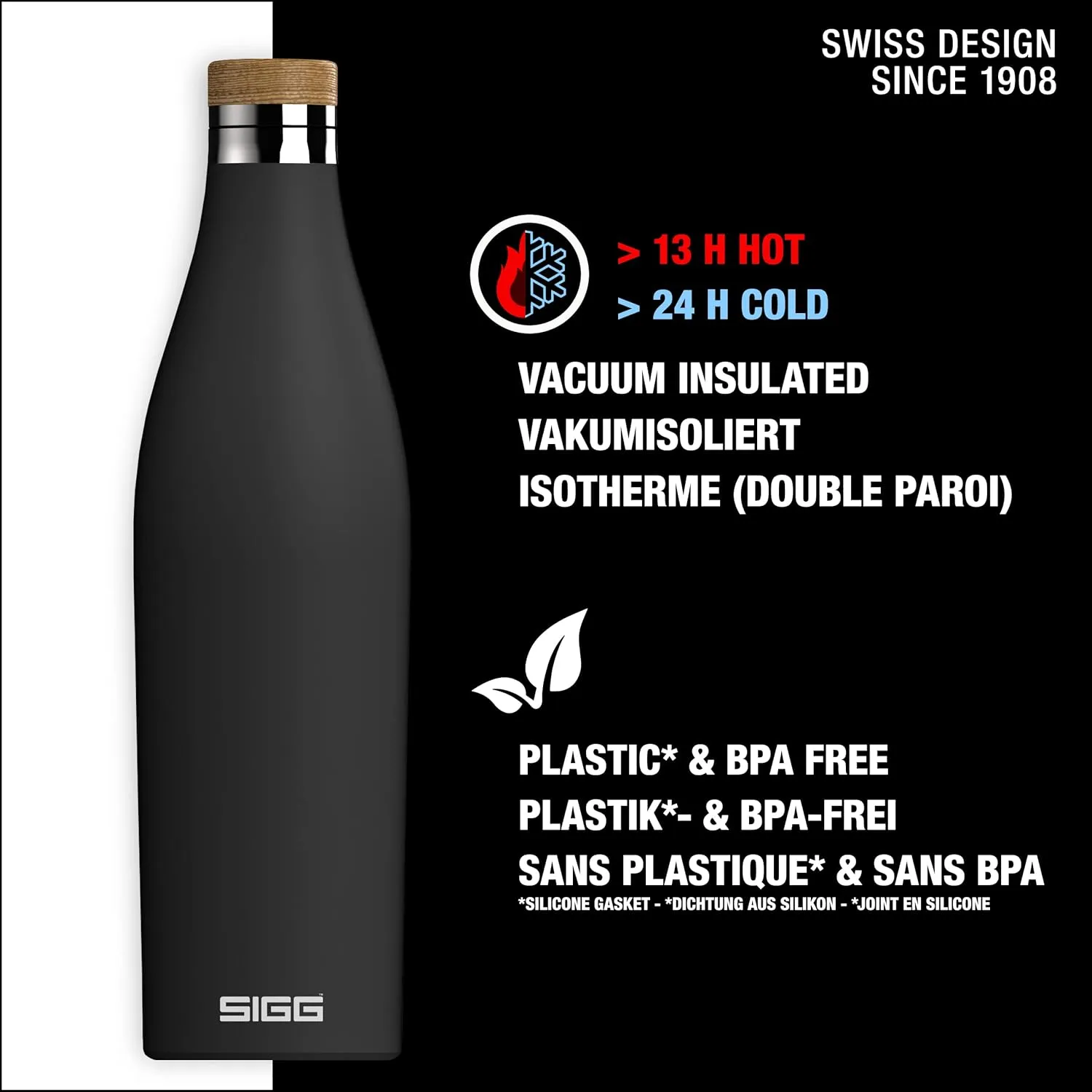 SIGG - Insulated Water Bottle - Meridian Black - Leakproof & Extra-Slim - BPA Free - Plastic Free - 18/8 Stainless Steel - Double Walled - Bamboo Screw Top - Black - 24 Oz