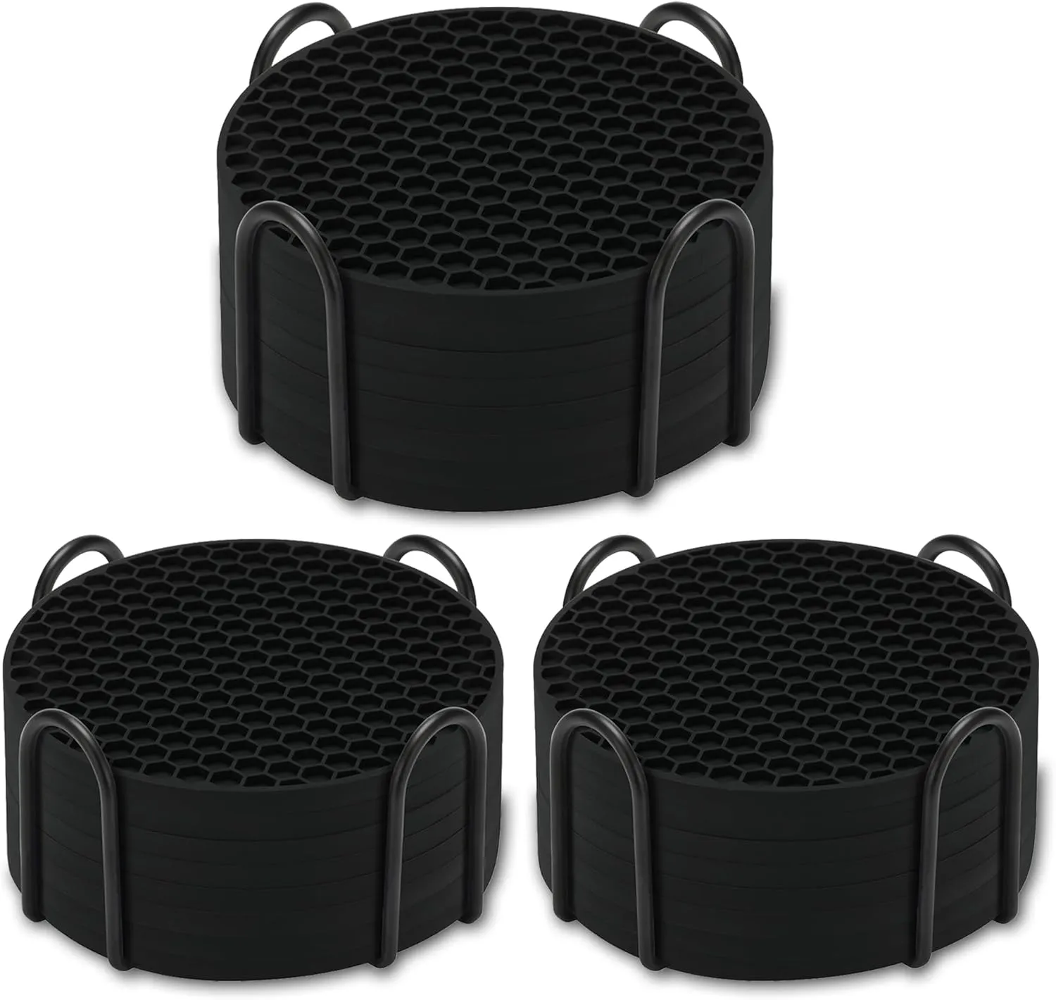 Silicone Coasters Set of 24 with Holder, Drinks Coasters, Beer & Coffee, Suitable for All Cups, Hot or Cold, Anti-Slip, Non-Stick, Anti-Overflow Tabletop Protection and Decor (Black, 24 Pcs)