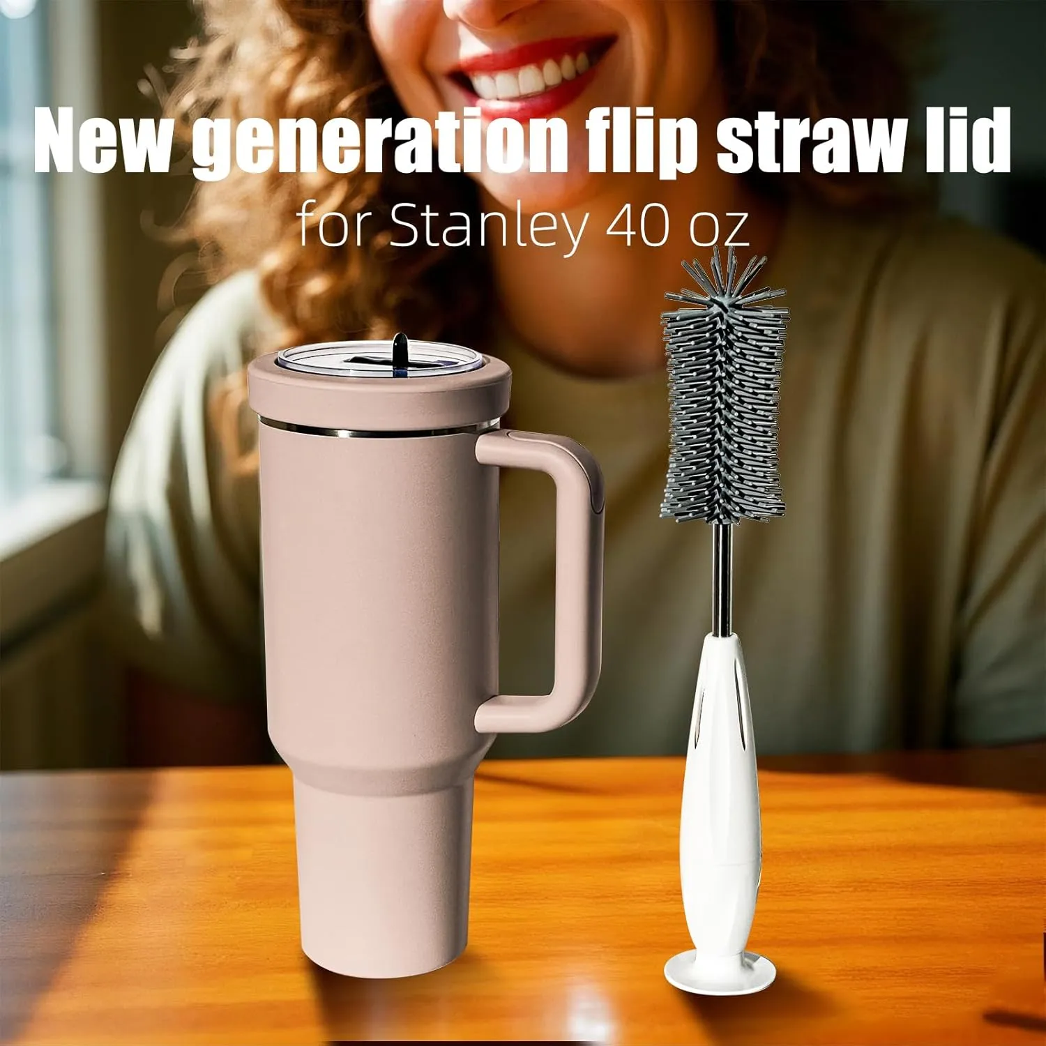 Silicone Stanley Leak Proof Lid,Stanley Lids 40 oz,New Generation Leakproof Stanley Flip Straw Lid,Stanley No Spill Lid 40 oz With 3-in-1 Cleaning Brush Set (Almondrose3)