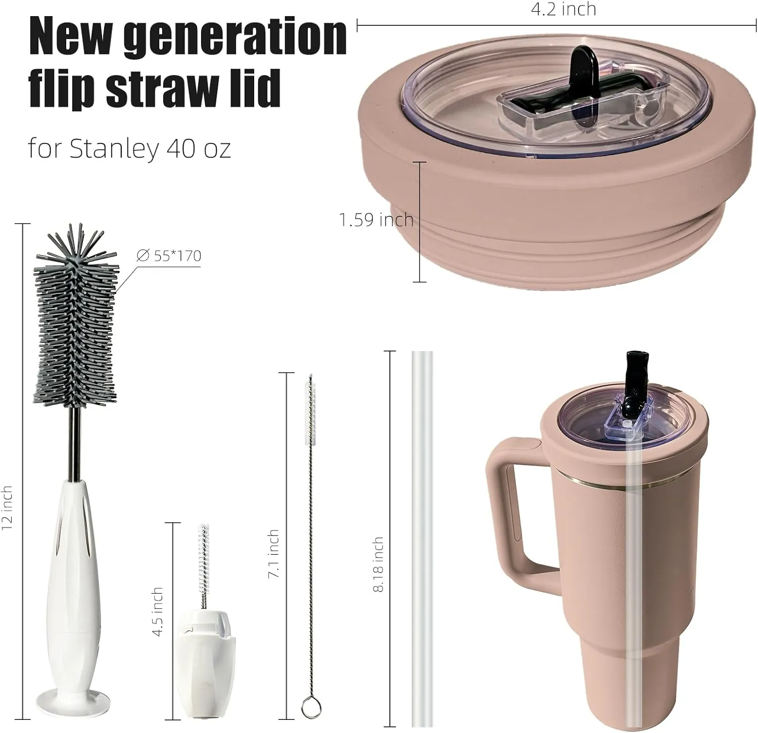 Silicone Stanley Leak Proof Lid,Stanley Lids 40 oz,New Generation Leakproof Stanley Flip Straw Lid,Stanley No Spill Lid 40 oz With 3-in-1 Cleaning Brush Set (Almondrose3)