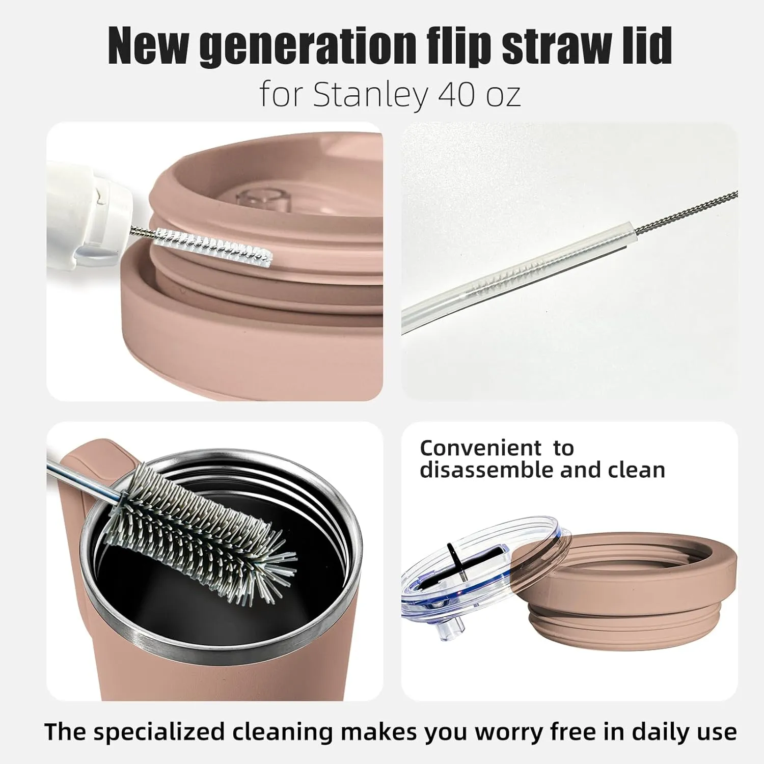 Silicone Stanley Leak Proof Lid,Stanley Lids 40 oz,New Generation Leakproof Stanley Flip Straw Lid,Stanley No Spill Lid 40 oz With 3-in-1 Cleaning Brush Set (Almondrose3)
