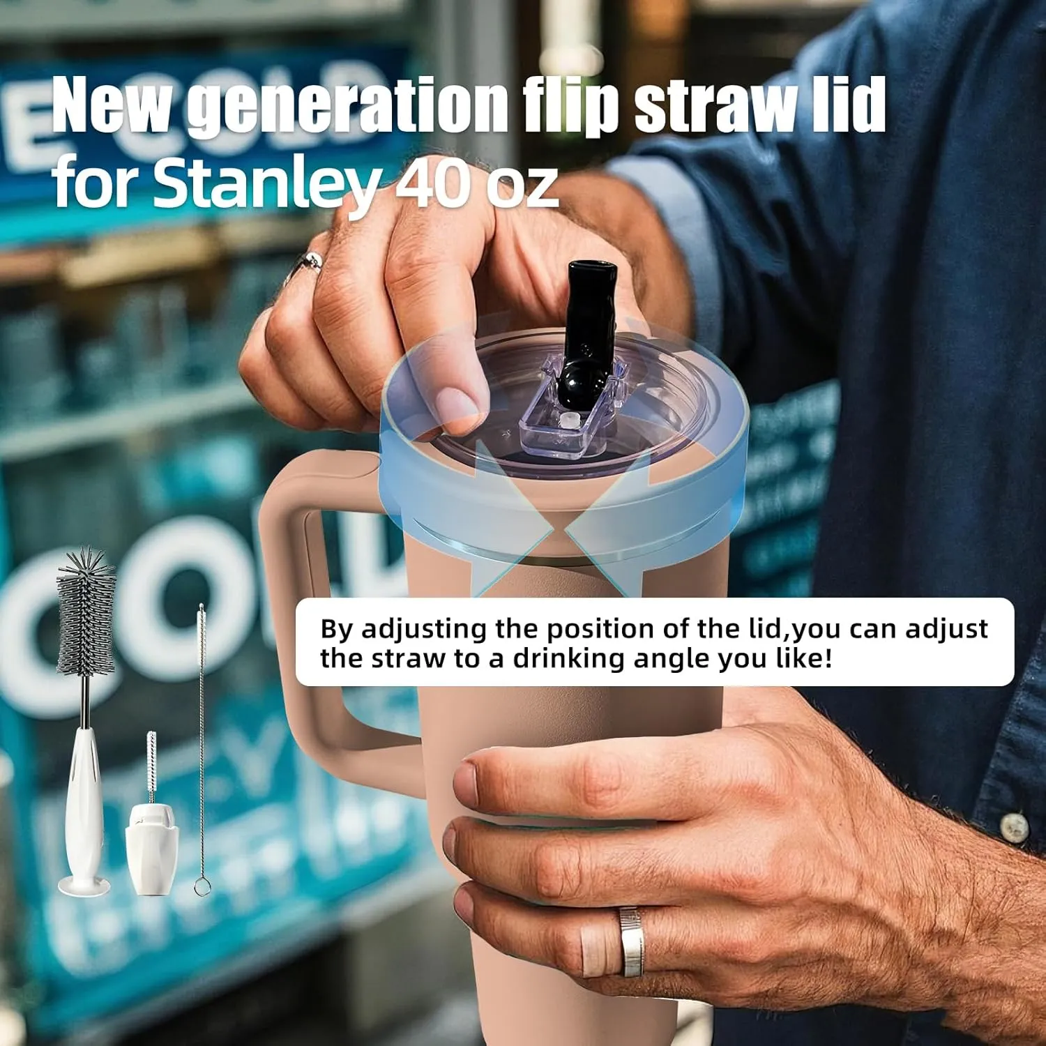 Silicone Stanley Leak Proof Lid,Stanley Lids 40 oz,New Generation Leakproof Stanley Flip Straw Lid,Stanley No Spill Lid 40 oz With 3-in-1 Cleaning Brush Set (Almondrose3)