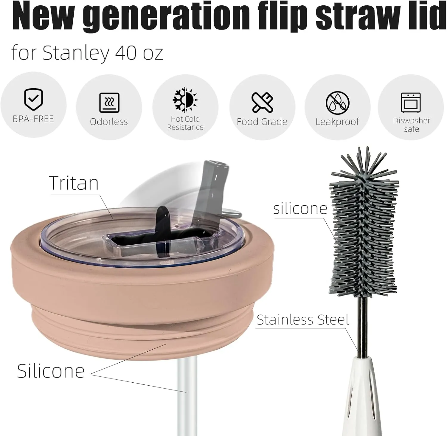 Silicone Stanley Leak Proof Lid,Stanley Lids 40 oz,New Generation Leakproof Stanley Flip Straw Lid,Stanley No Spill Lid 40 oz With 3-in-1 Cleaning Brush Set (Almondrose3)