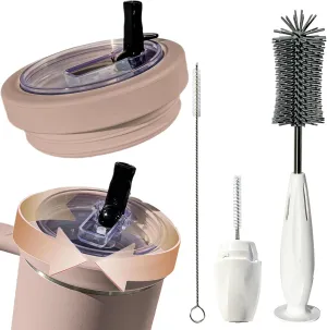 Silicone Stanley Leak Proof Lid,Stanley Lids 40 oz,New Generation Leakproof Stanley Flip Straw Lid,Stanley No Spill Lid 40 oz With 3-in-1 Cleaning Brush Set (Almondrose3)
