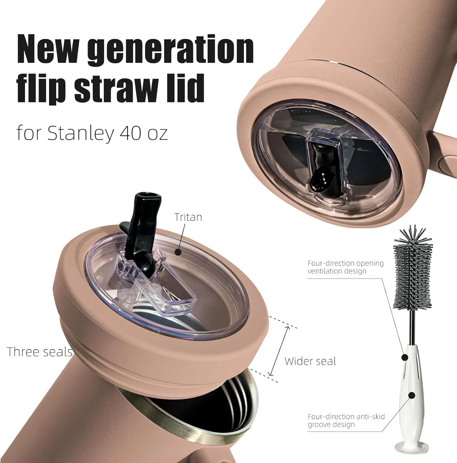 Silicone Stanley Leak Proof Lid,Stanley Lids 40 oz,New Generation Leakproof Stanley Flip Straw Lid,Stanley No Spill Lid 40 oz With 3-in-1 Cleaning Brush Set (Almondrose3)