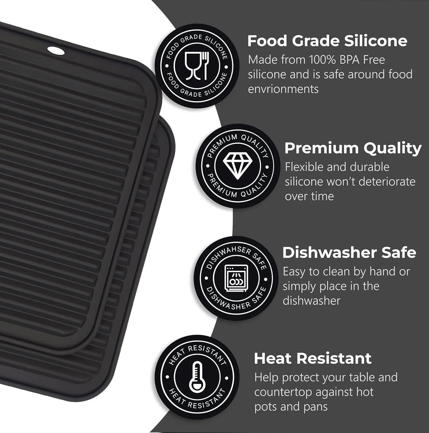 Silicone Trivets for Hot Dishes, Pots, Pans (4 Pack) - Heat-Resistant Pot Holders for Kitchen Countertop Mats - Silicone Trivet Mat (9 x 12 Inch) - Multipurpose Counter Pads (Black)