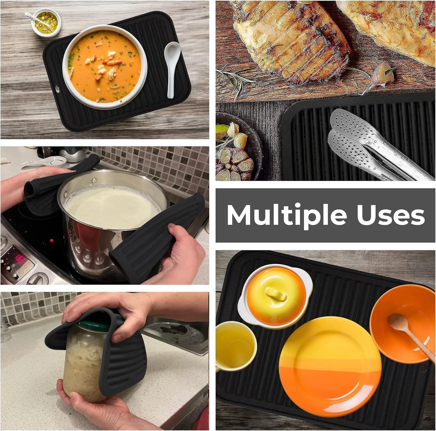 Silicone Trivets for Hot Dishes, Pots, Pans (4 Pack) - Heat-Resistant Pot Holders for Kitchen Countertop Mats - Silicone Trivet Mat (9 x 12 Inch) - Multipurpose Counter Pads (Black)
