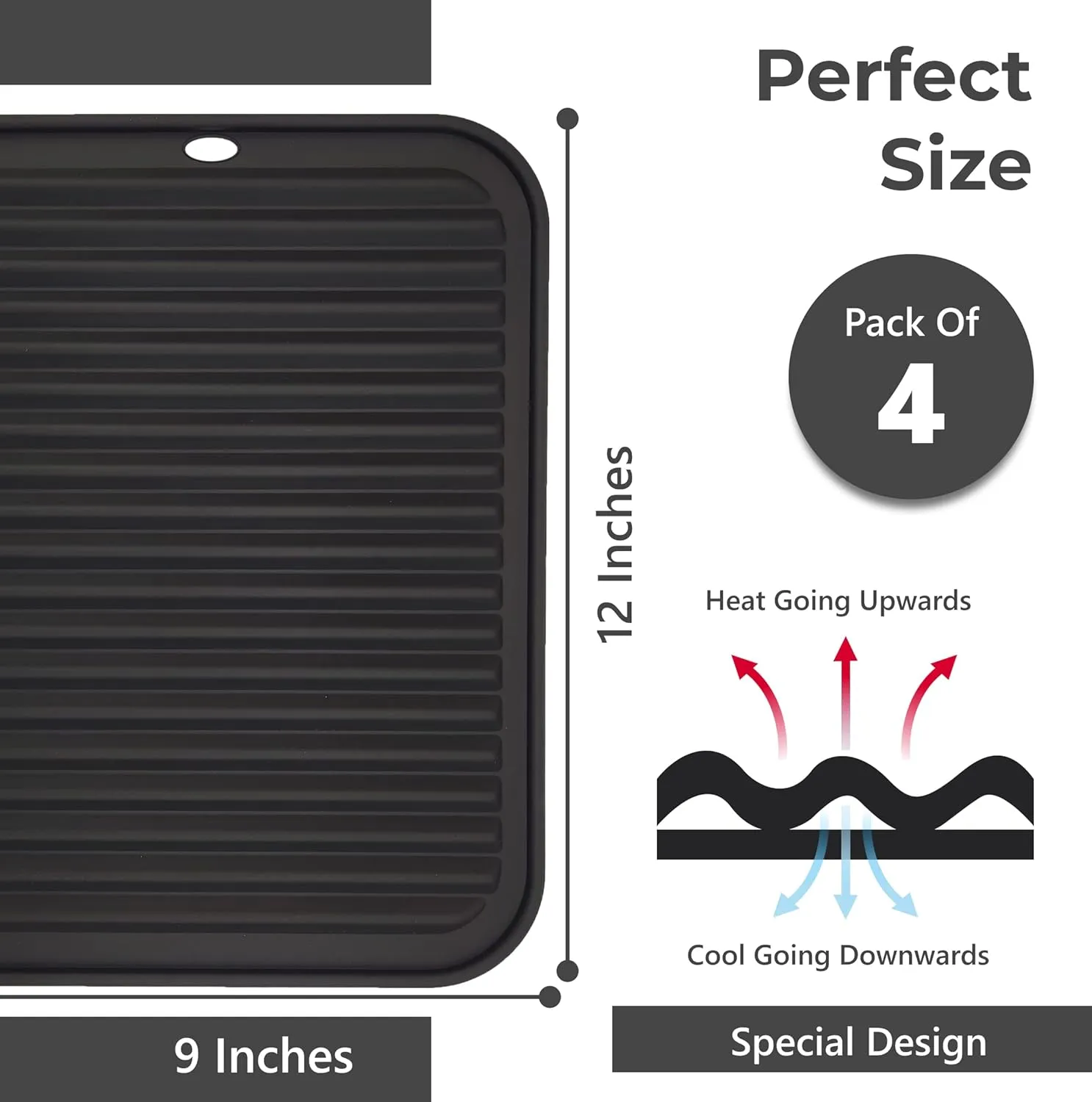 Silicone Trivets for Hot Dishes, Pots, Pans (4 Pack) - Heat-Resistant Pot Holders for Kitchen Countertop Mats - Silicone Trivet Mat (9 x 12 Inch) - Multipurpose Counter Pads (Black)