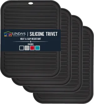 Silicone Trivets for Hot Dishes, Pots, Pans (4 Pack) - Heat-Resistant Pot Holders for Kitchen Countertop Mats - Silicone Trivet Mat (9 x 12 Inch) - Multipurpose Counter Pads (Black)
