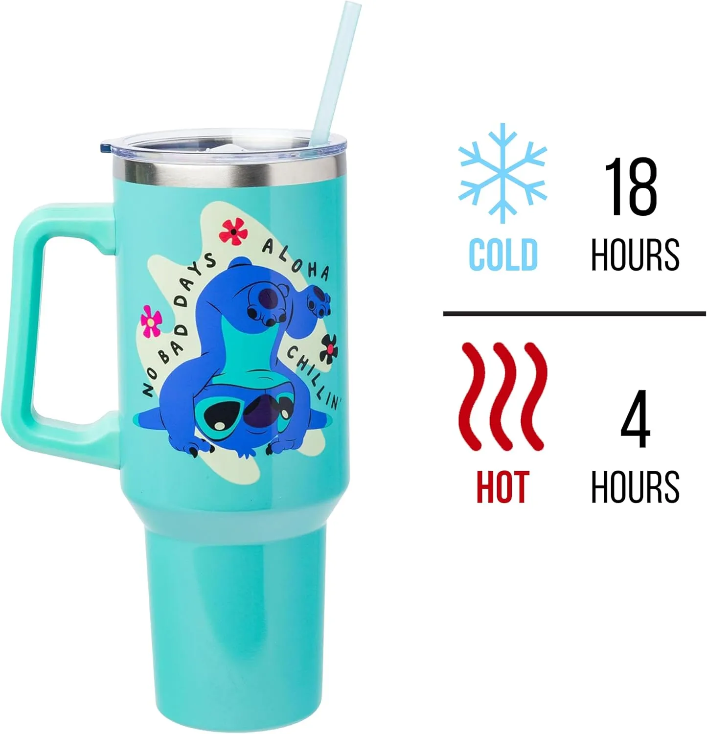 Silver Buffalo Disney Lilo and Stitch Aloha No Bad Days Chillin’ Stainless Steel Tumbler with Handle and Straw, Fits in Standard Cup Holder, 40 Ounces