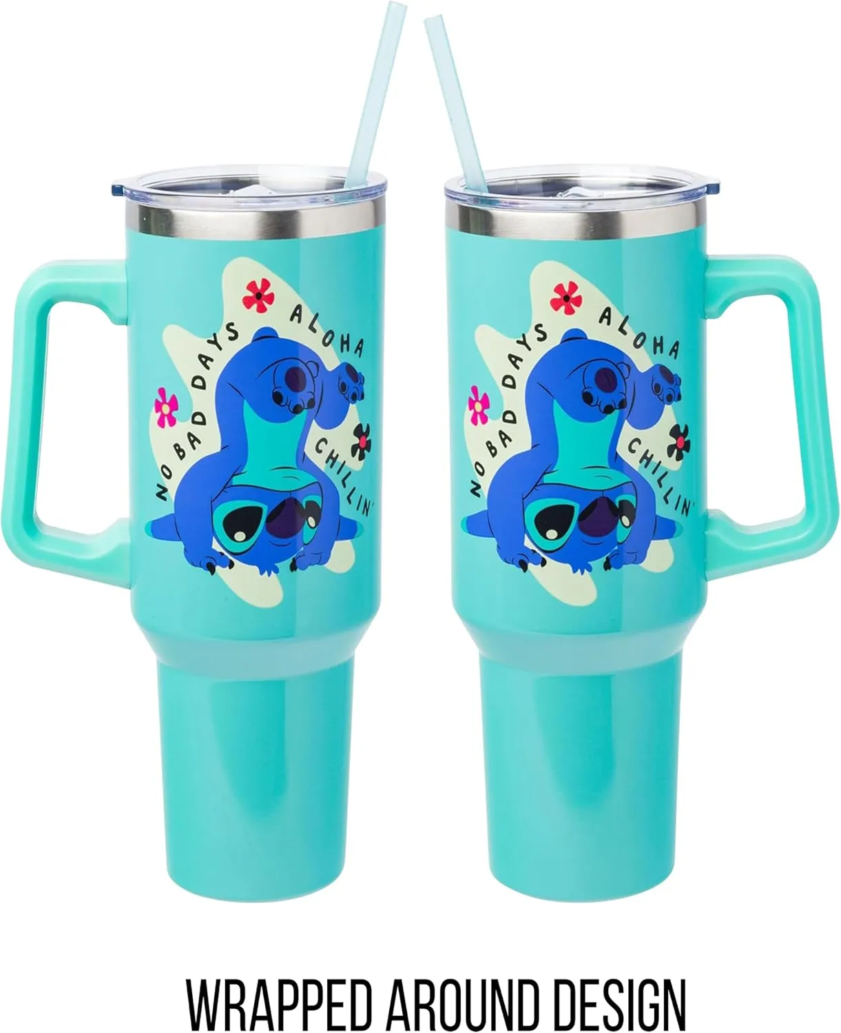 Silver Buffalo Disney Lilo and Stitch Aloha No Bad Days Chillin’ Stainless Steel Tumbler with Handle and Straw, Fits in Standard Cup Holder, 40 Ounces