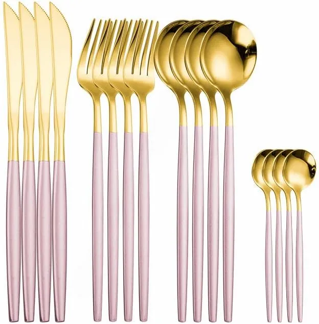 Silverware Set, 16 Pieces Mirror Tableware Stainless Steel Cutlery Set Dinnerware Kitchen Set Spoon Fork Knife Dinner Set Tableware Serves for 4 (Colo