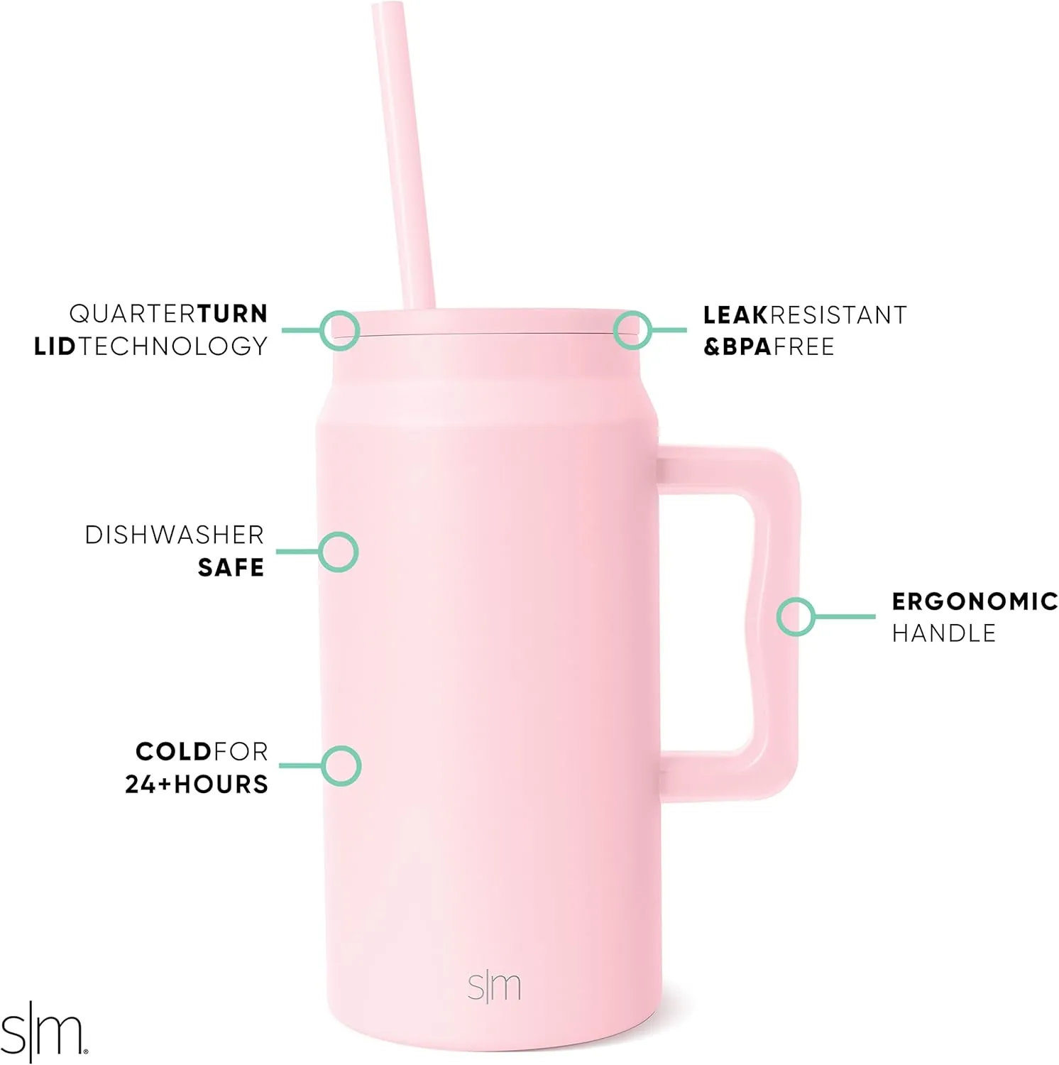 Simple Modern 50 oz Mug Tumbler with Handle and Straw Lid | Reusable Insulated Stainless Steel Large Travel Jug Water Bottle | Gifts for Women Men Him Her | Trek Collection | 50oz | Blush