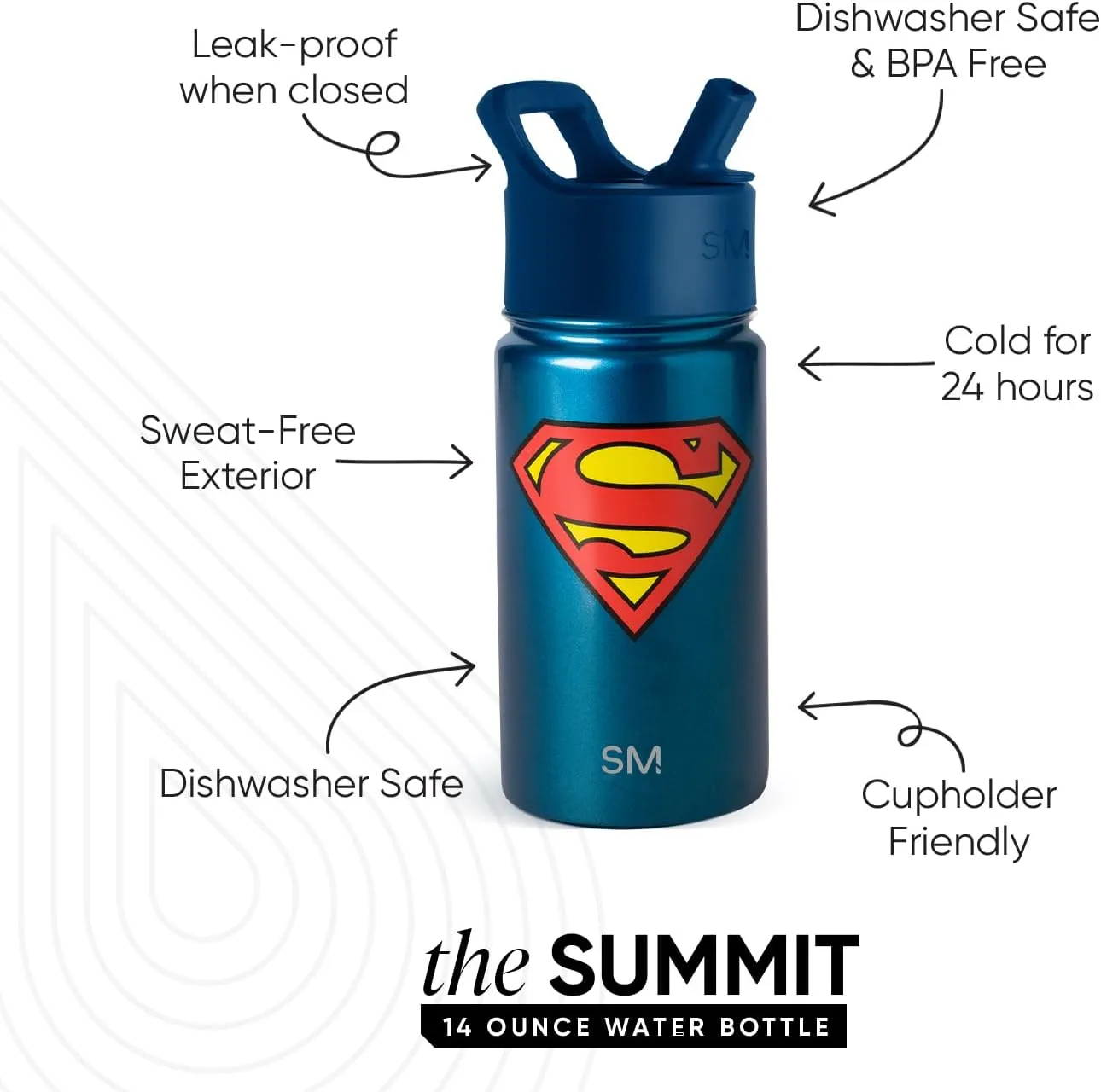 Simple Modern DC Comics Superman Kids Water Bottle with Straw Lid | Reusable Insulated Stainless Steel Cup for Toddlers, School | Summit Collection | 14oz, Superman