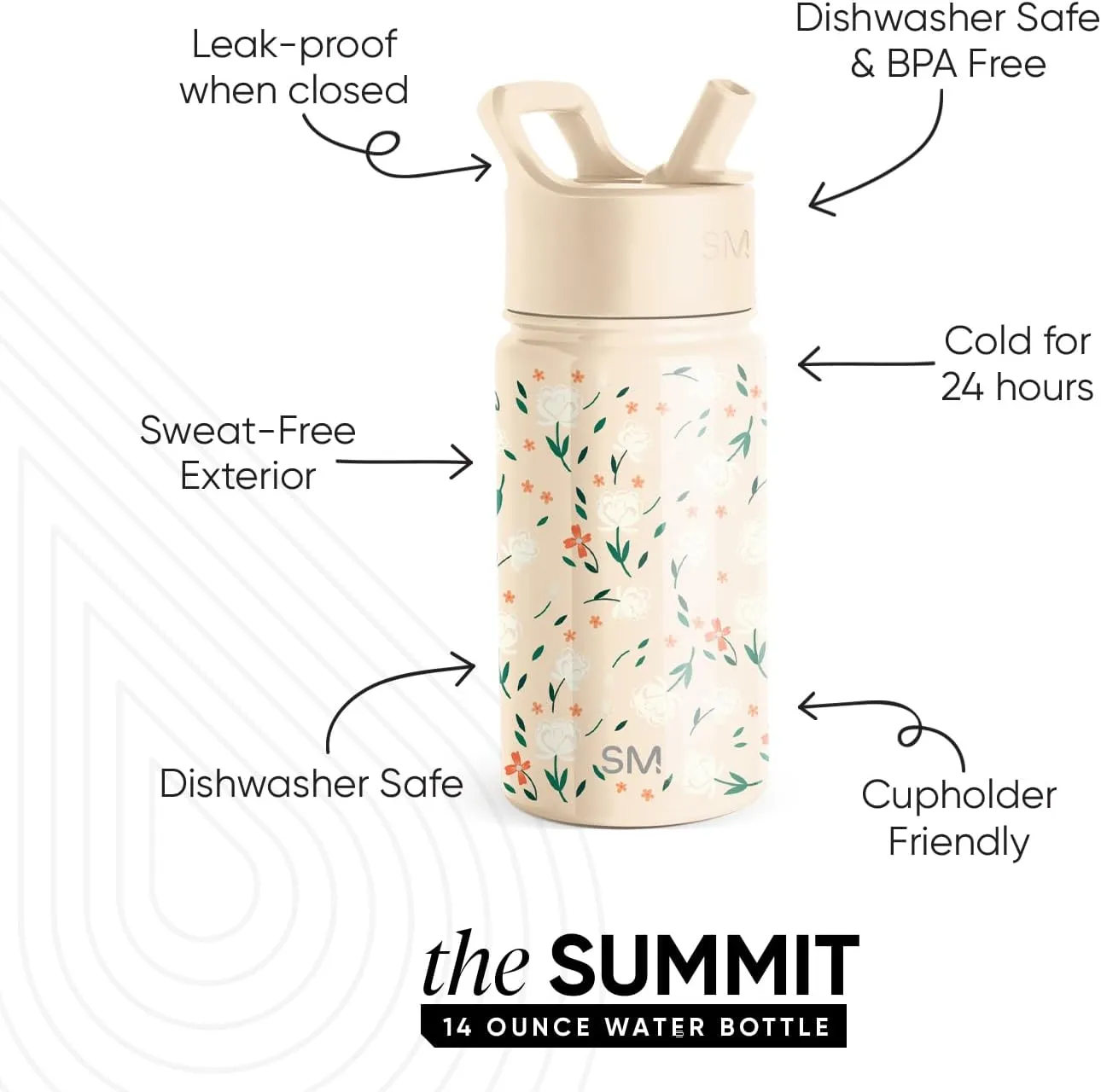 Simple Modern Kids Summit Water Bottle with Straw Lid | 14oz Stainless Steel Cup Insulated Tumbler for Toddlers, School | Chloe Floral