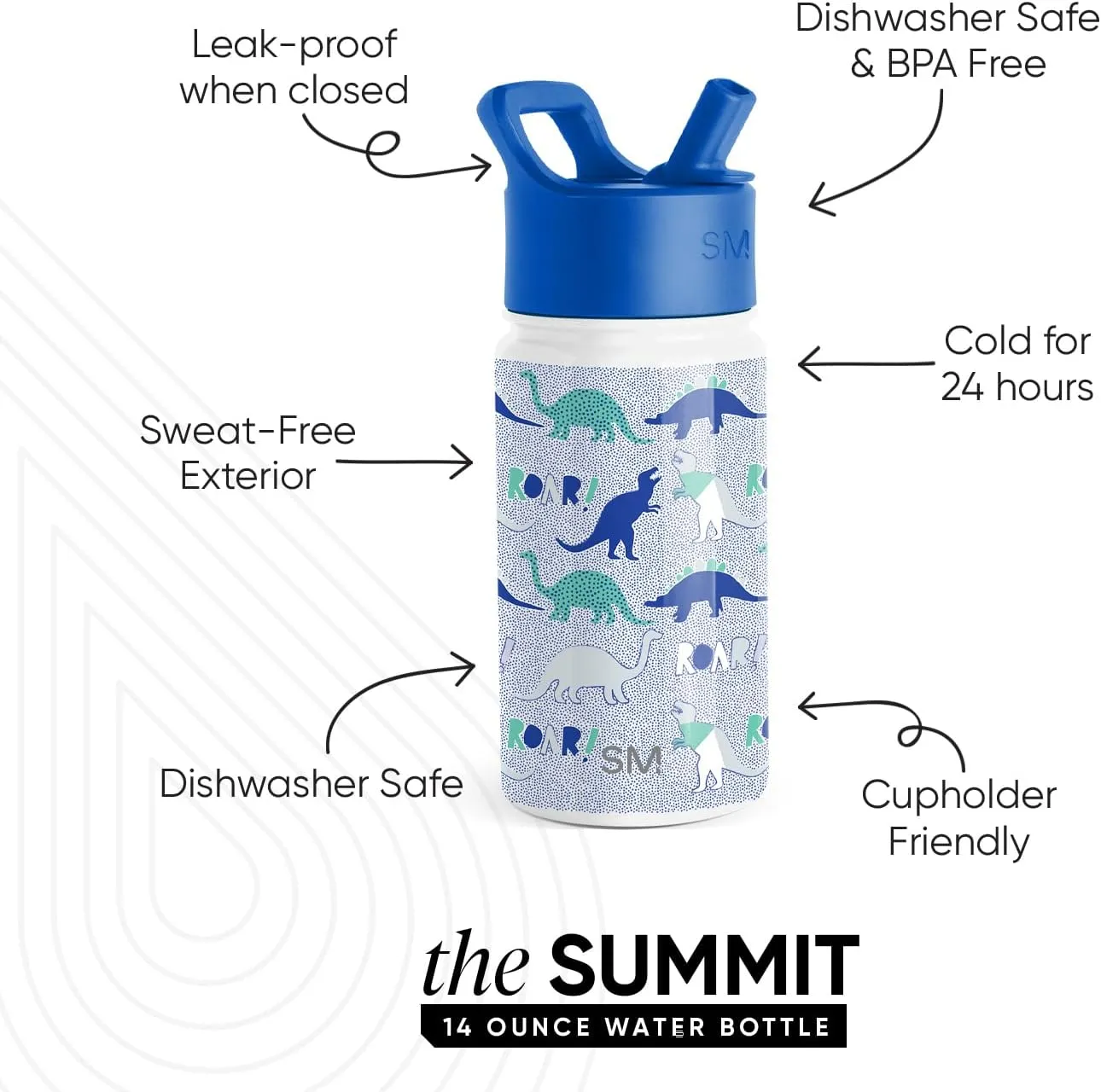 Simple Modern Kids Summit Water Bottle with Straw Lid | 14oz Stainless Steel Cup Insulated Tumbler for Toddlers, School | Dinosaur Roar