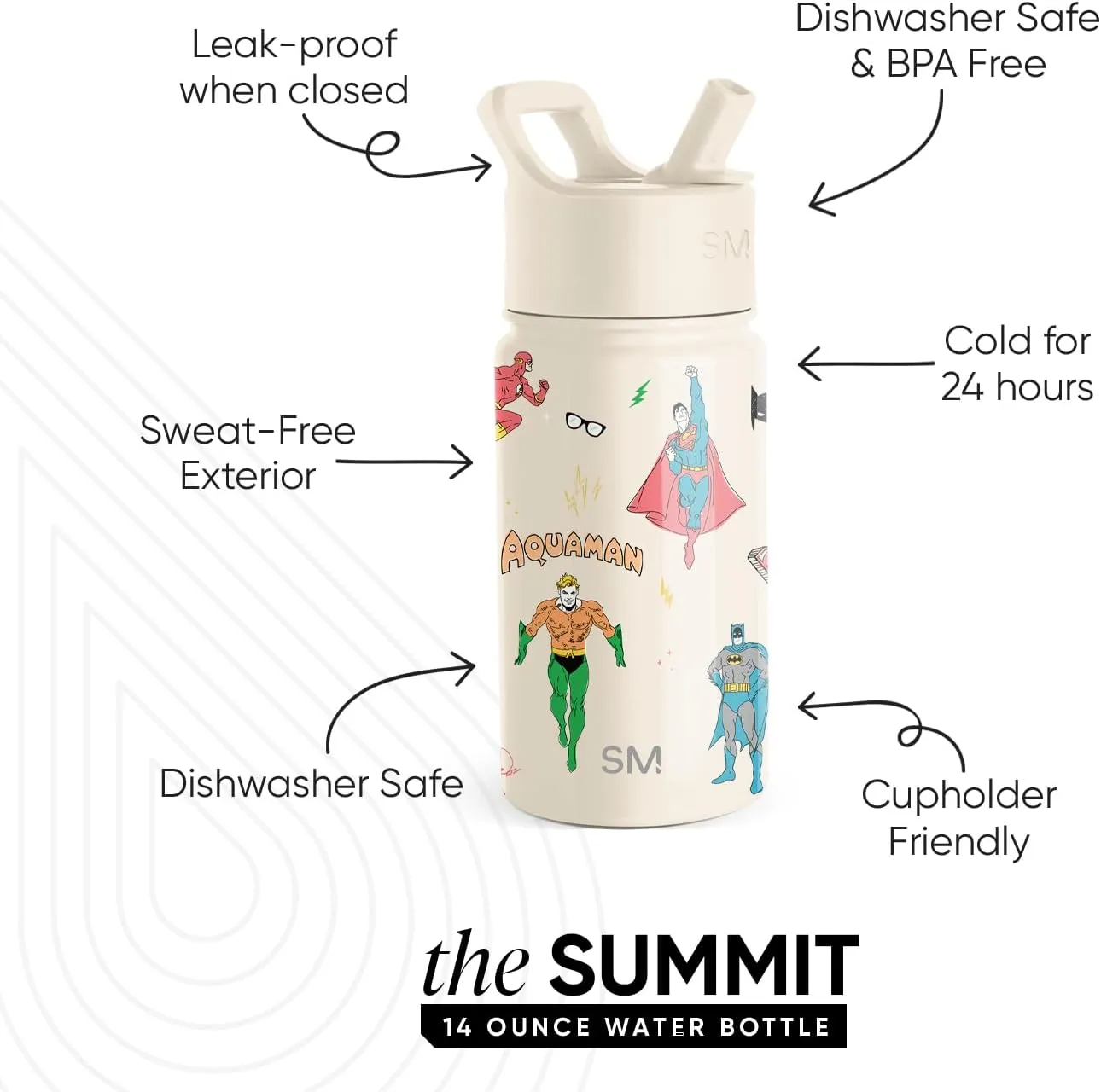 Simple Modern Kids Summit Water Bottle with Straw Lid | DC Comics Superhero 14oz Stainless Steel Cup Insulated Tumbler for Toddlers, Boys, School | Super Hero Boys