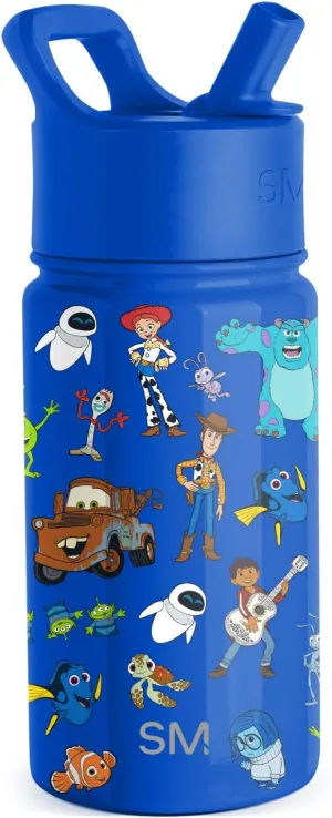 Simple Modern Kids Summit Water Bottle with Straw Lid | Disney Pixar 14oz Stainless Steel Cup Insulated Tumbler for Boys, School | Pixar Mashup on Blue