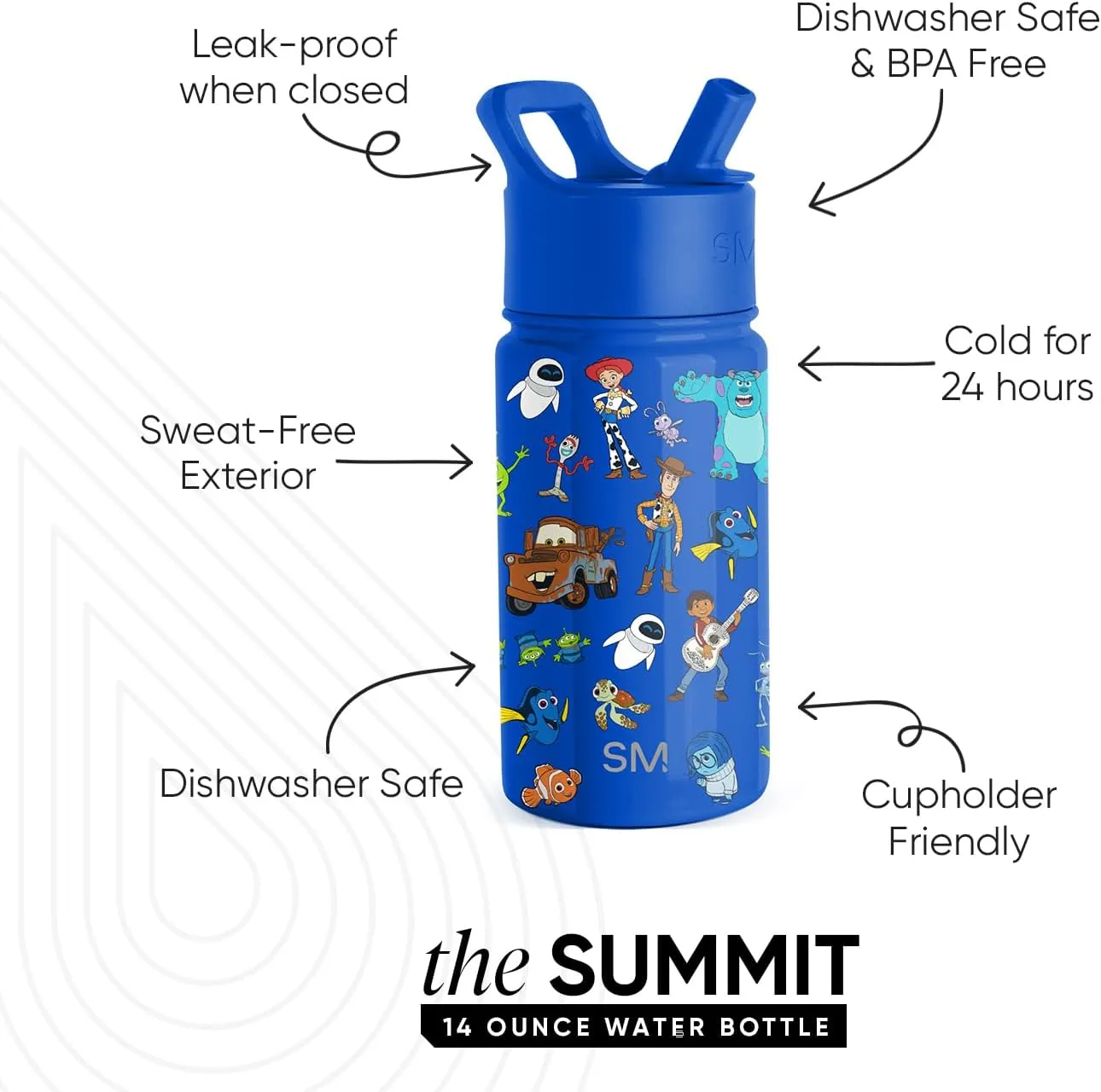 Simple Modern Kids Summit Water Bottle with Straw Lid | Disney Pixar 14oz Stainless Steel Cup Insulated Tumbler for Boys, School | Pixar Mashup on Blue