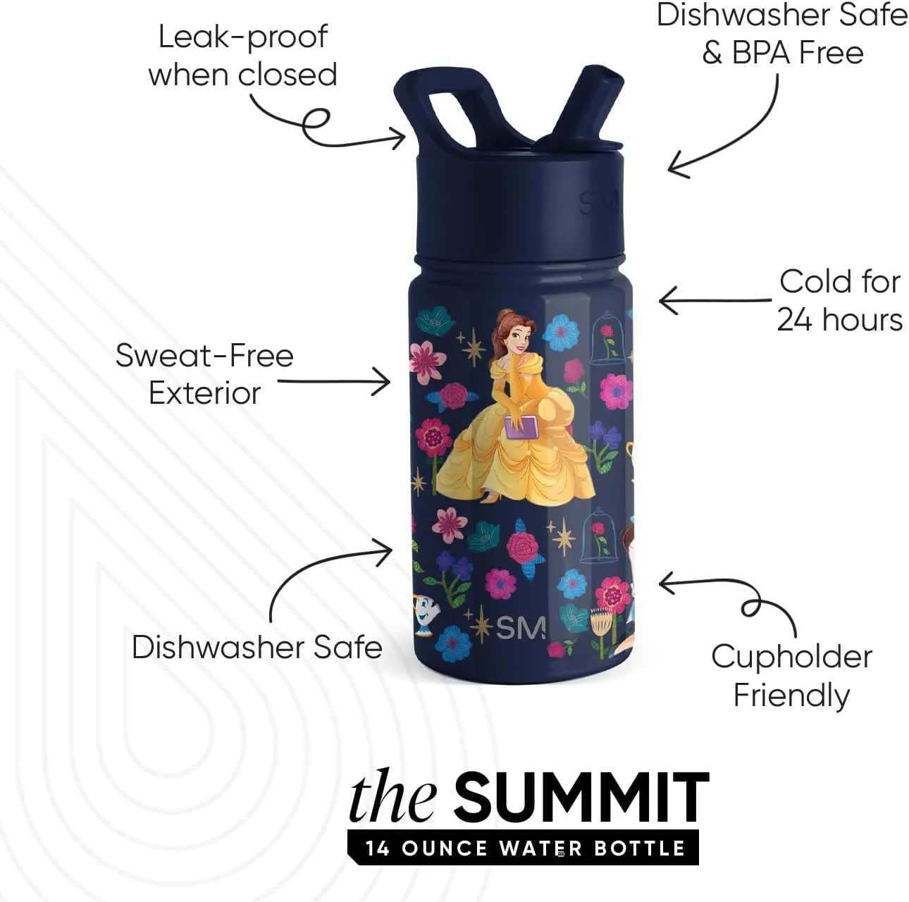 Simple Modern Kids Summit Water Bottle with Straw Lid | Disney Princess Belle 14oz Stainless Steel Cup Insulated Tumbler for Girls, School | Belle's Garden
