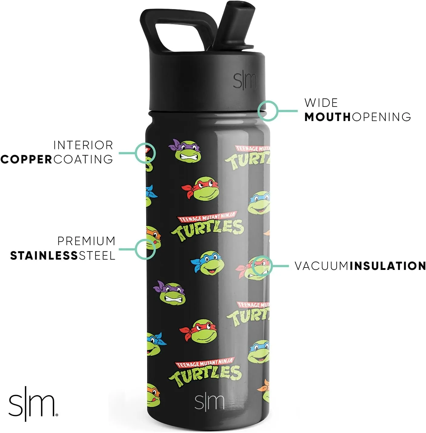 Simple Modern Kids Summit Water Bottle with Straw Lid | Teenage Mutant Ninja Turtles 18oz Stainless Steel Cu Insulated Tumbler for Boys, School | TMNT Turtles Unite