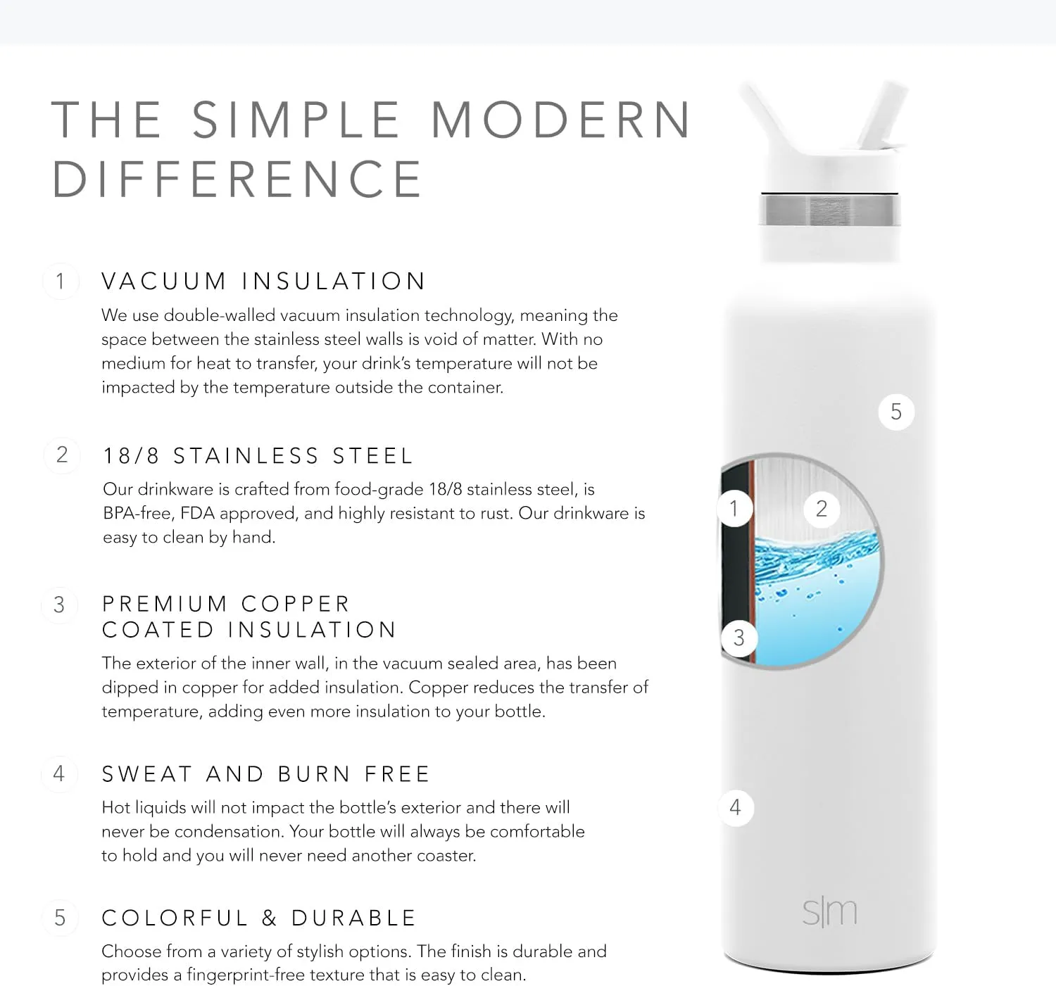 Simple Modern Water Bottle with Narrow Mouth Straw Lid Metal Thermos Vacuum Insulated Stainless Steel l Reusable Leak Proof BPA-Free Flask | Ascent Collection | 24oz, Winter White