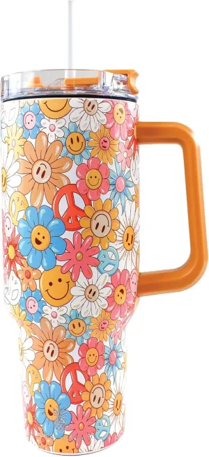 Simply Southern | 40 oz Tumbler with Straw and Lid | Insulated Cup Reusable Stainless Steel Water Bottle Travel Mug Cupholder Friendly | Gifts for Women (Design -Happy Flower)