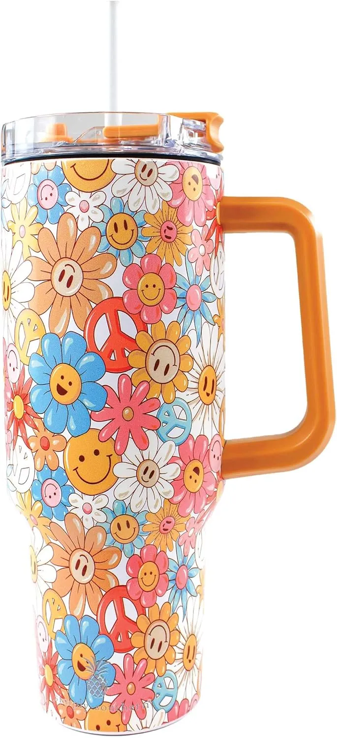 Simply Southern | 40 oz Tumbler with Straw and Lid | Insulated Cup Reusable Stainless Steel Water Bottle Travel Mug Cupholder Friendly | Gifts for Women (Design -Happy Flower)