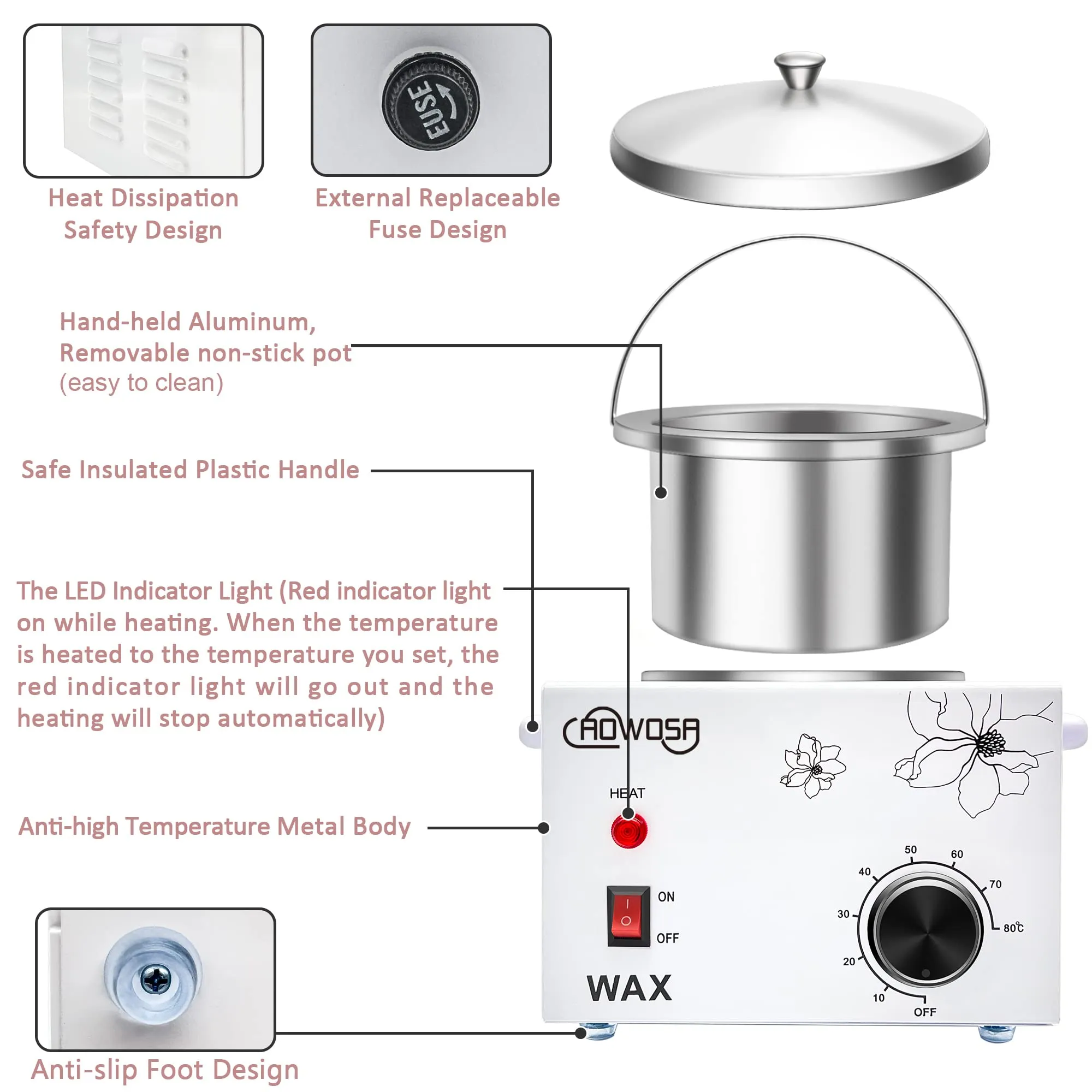 Single Electric Wax Warmer for Hair Removal, Large Paraffin Wax Pot with Adjustable Temperature Set, Facial Skin Body SPA Salon Equipment with 50 Wax Sticks & 20 Collars