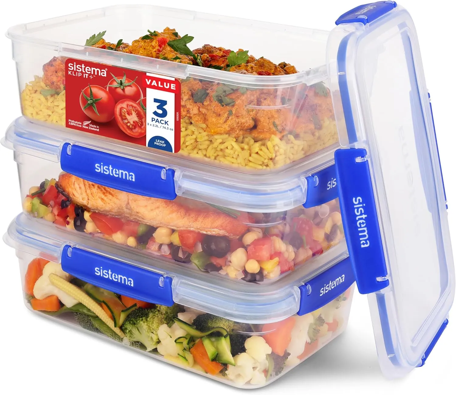 Sistema KLIP IT PLUS Leakproof Food Storage Containers | 2.2 L | Airtight, Stackable & Nestable Meal Prep Containers with Lids | Lunch Boxes | BPA-Free | 3 Count, Blue