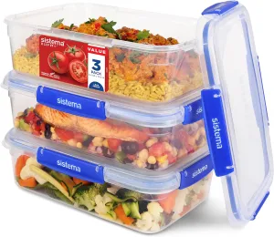 Sistema KLIP IT PLUS Leakproof Food Storage Containers | 2.2 L | Airtight, Stackable & Nestable Meal Prep Containers with Lids | Lunch Boxes | BPA-Free | 3 Count, Blue