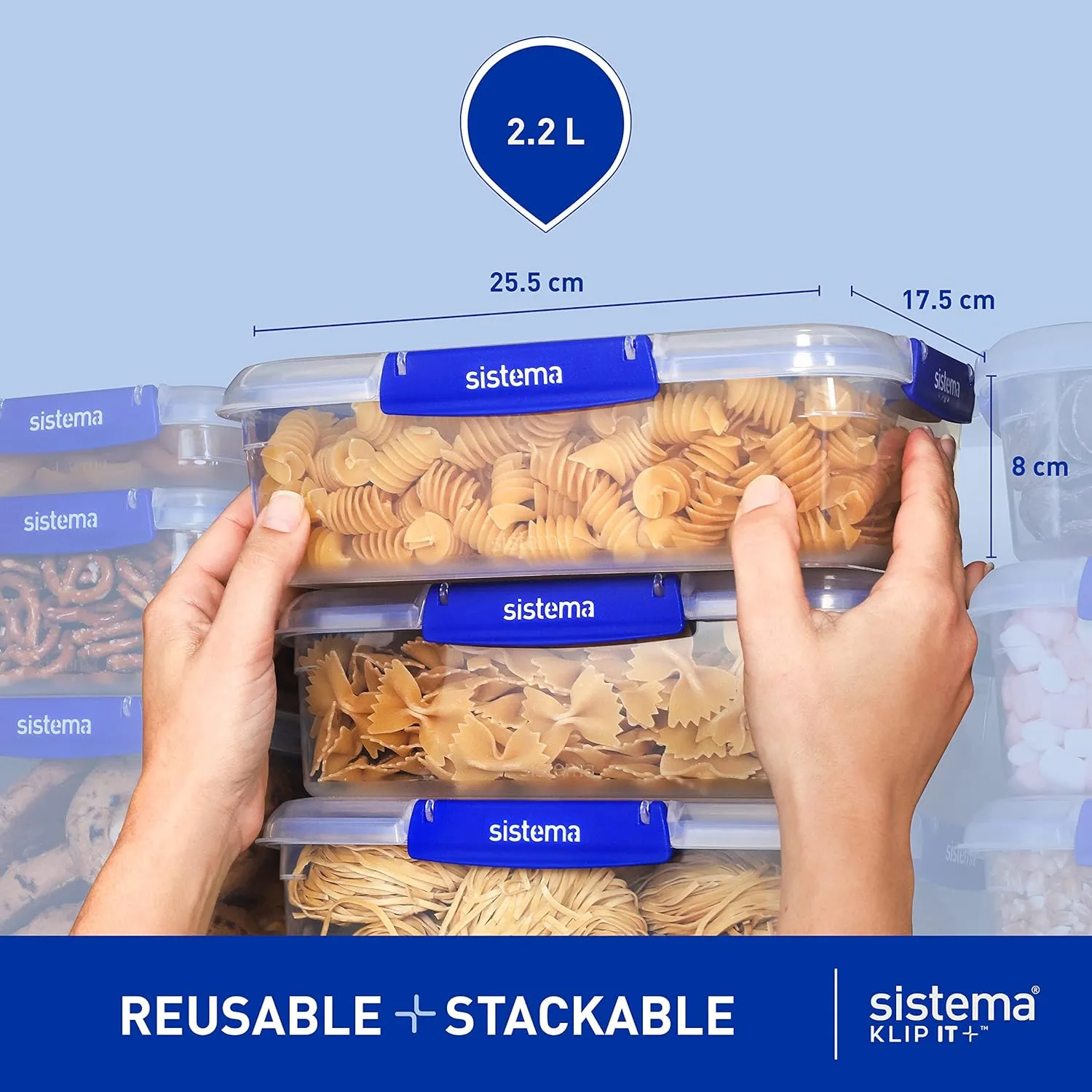 Sistema KLIP IT PLUS Leakproof Food Storage Containers | 2.2 L | Airtight, Stackable & Nestable Meal Prep Containers with Lids | Lunch Boxes | BPA-Free | 3 Count, Blue