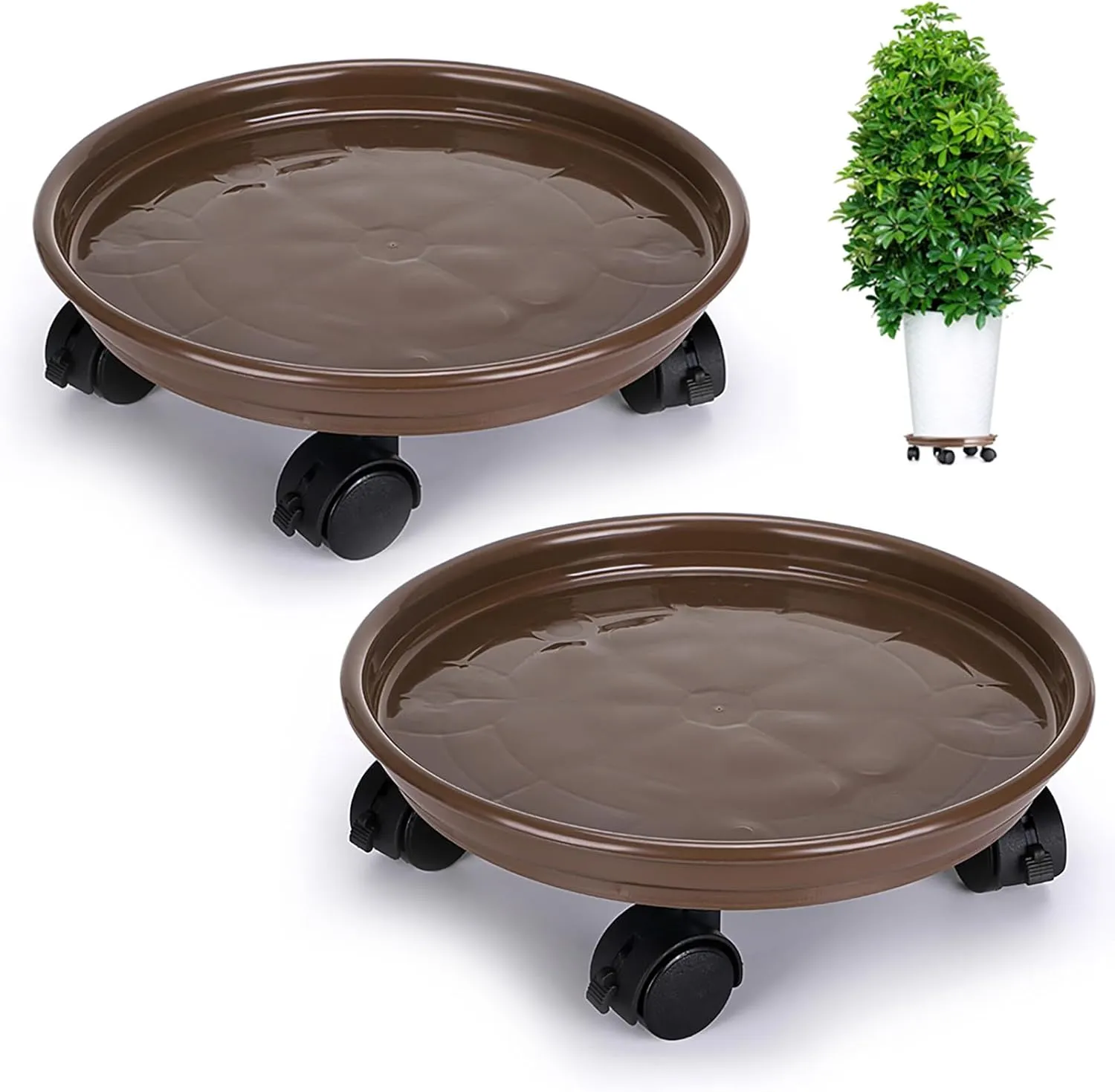 Skelang 2 Packs 11.8" Plant Pallet Caddy Plant Stand with Lock Wheels, Round Flower Pot,Planter Trolley Casters, Moving Plant Pot Saucer
