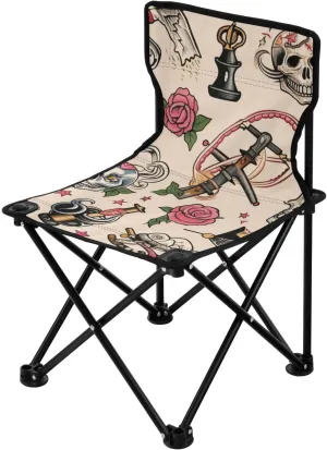 Skull Flowers Portable Outdoor Folding Chair Anti-Slip Padded Oxford Cloth Stool Camping Chair Small for Beach Hiking Fishing Gardening Quad Camp Chair