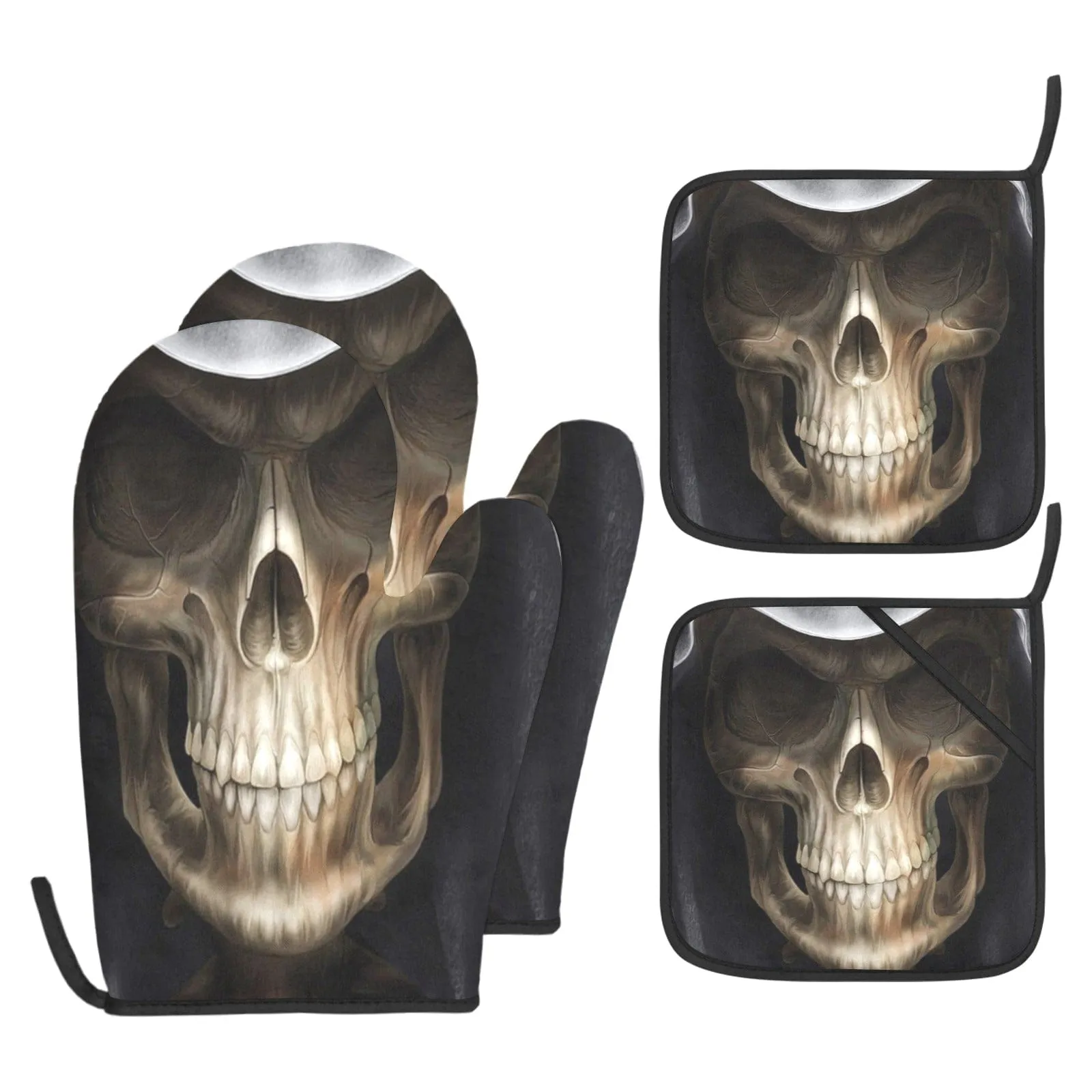 Skull Print 2 Piece Non-Slip Kitchen Oven Mitts and Heat Resistant Pot Handle