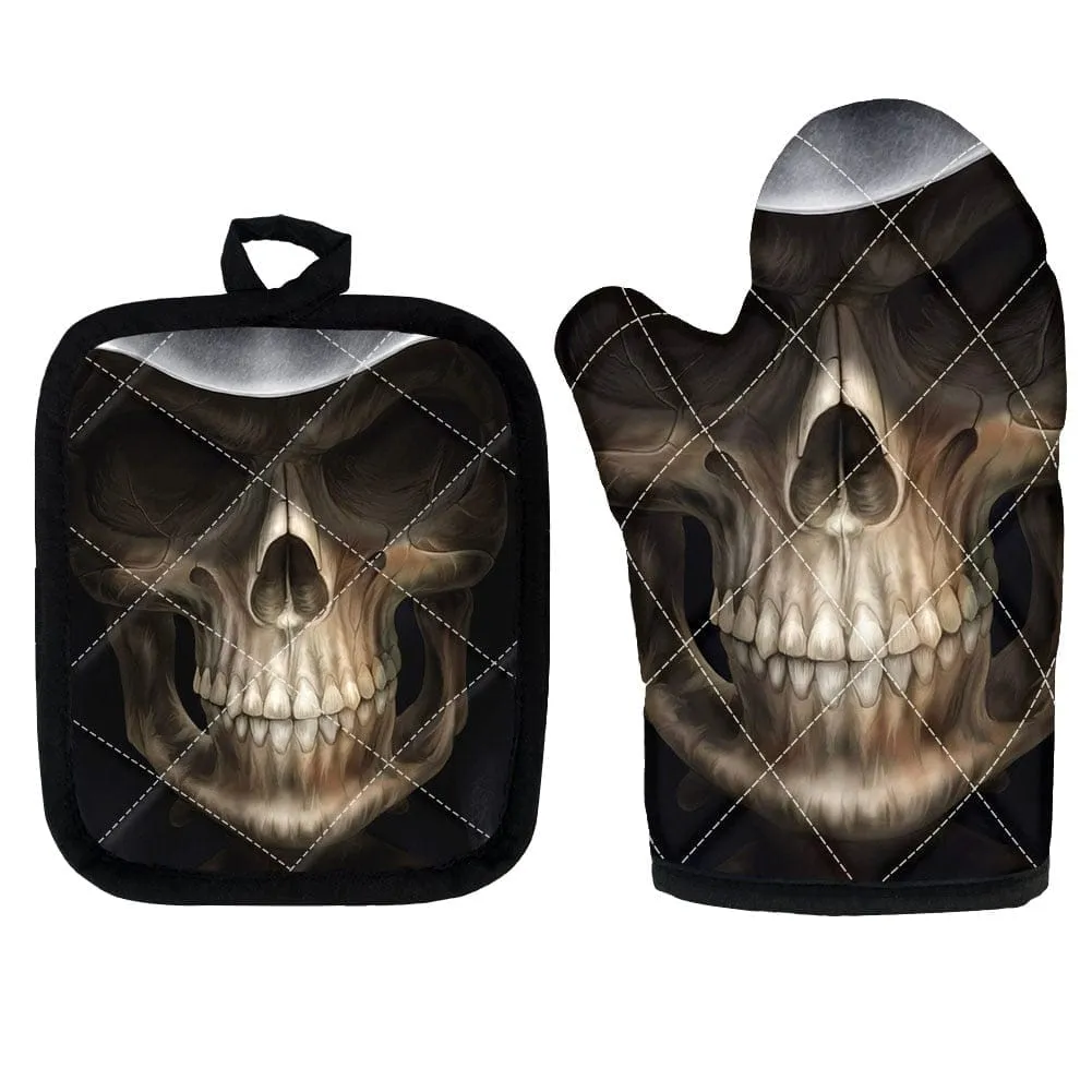 Skull Print 2 Piece Non-Slip Kitchen Oven Mitts and Heat Resistant Pot Handle