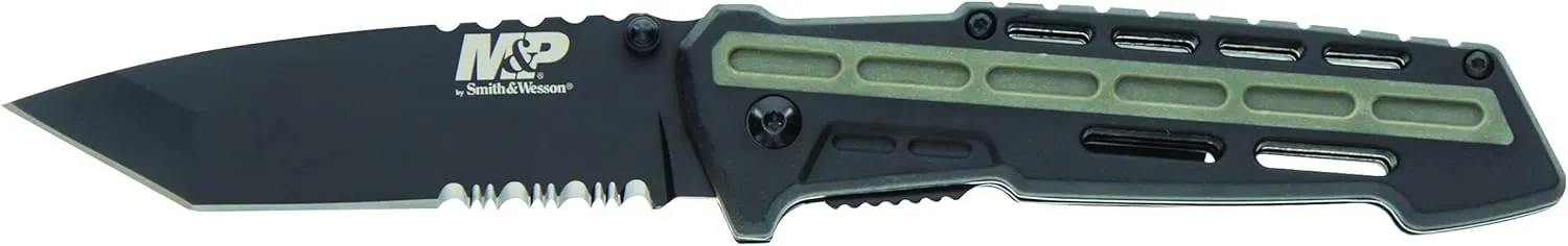 Smith & Wesson M&P AR Overmold 8.2in High Carbon S.S. Folding Knife with 3.5in Serrated Tanto Blade and Rubber Handle for Outdoor Survival and EDC
