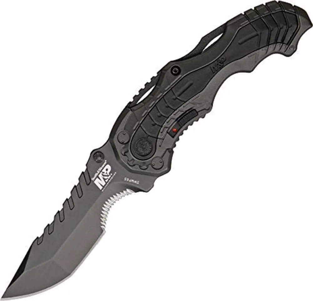 Smith & Wesson SWMP6S 7.7in High Carbon S.S. Assisted Folding Knife with 3.4in Serrated Clip Point Blade and Aluminum Handle for Tactical, Survival and EDC,Black
