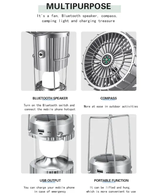Solar Camping Lantern Bluetooth Speaker with Fan Emergency Charger
