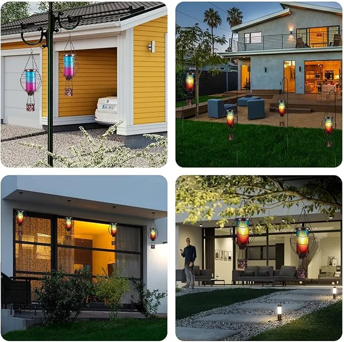 Solar Hot Air Balloon Decor,Metal LED Balloon Lights,Hanging Solar Lanterns Outdoor Waterproof,Hot Air Balloon Solar Lantern for Garden Patio Pathway Yard Porch Decorations(Blue Pink)