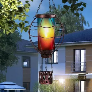 Solar Hot Air Balloon Decor,Metal LED Balloon Lights,Hanging Solar Lanterns Outdoor Waterproof,Hot Air Balloon Solar Lantern for Garden Patio Pathway Yard Porch Decorations(Blue Pink)