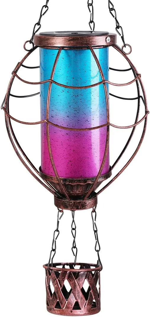 Solar Hot Air Balloon Decor,Metal LED Balloon Lights,Hanging Solar Lanterns Outdoor Waterproof,Hot Air Balloon Solar Lantern for Garden Patio Pathway Yard Porch Decorations(Blue Pink)