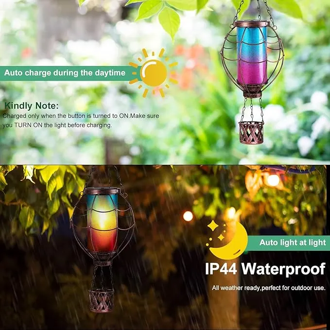 Solar Hot Air Balloon Decor,Metal LED Balloon Lights,Hanging Solar Lanterns Outdoor Waterproof,Hot Air Balloon Solar Lantern for Garden Patio Pathway Yard Porch Decorations(Blue Pink)