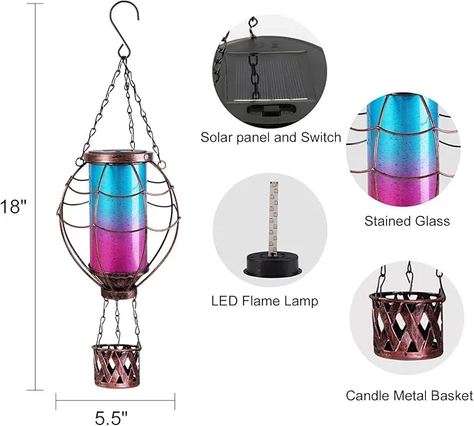 Solar Hot Air Balloon Decor,Metal LED Balloon Lights,Hanging Solar Lanterns Outdoor Waterproof,Hot Air Balloon Solar Lantern for Garden Patio Pathway Yard Porch Decorations(Blue Pink)
