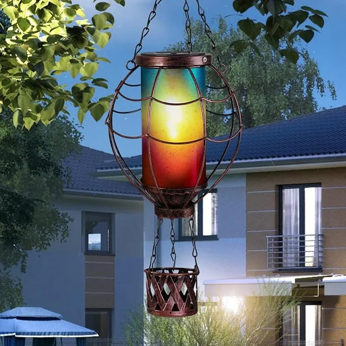 Solar Hot Air Balloon Decor,Metal LED Balloon Lights,Hanging Solar Lanterns Outdoor Waterproof,Hot Air Balloon Solar Lantern for Garden Patio Pathway Yard Porch Decorations(Blue Pink)