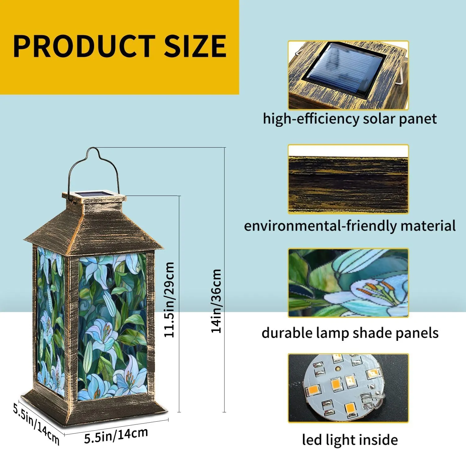 Solar Lantern Stained Glass Mosaic Blue Green Lily Swirling Leaves Outdoor Waterproof Garden Hanging Lantern Solar Powered Lighting Outside Table Lamp for Patio Deck Camping 1 Pack