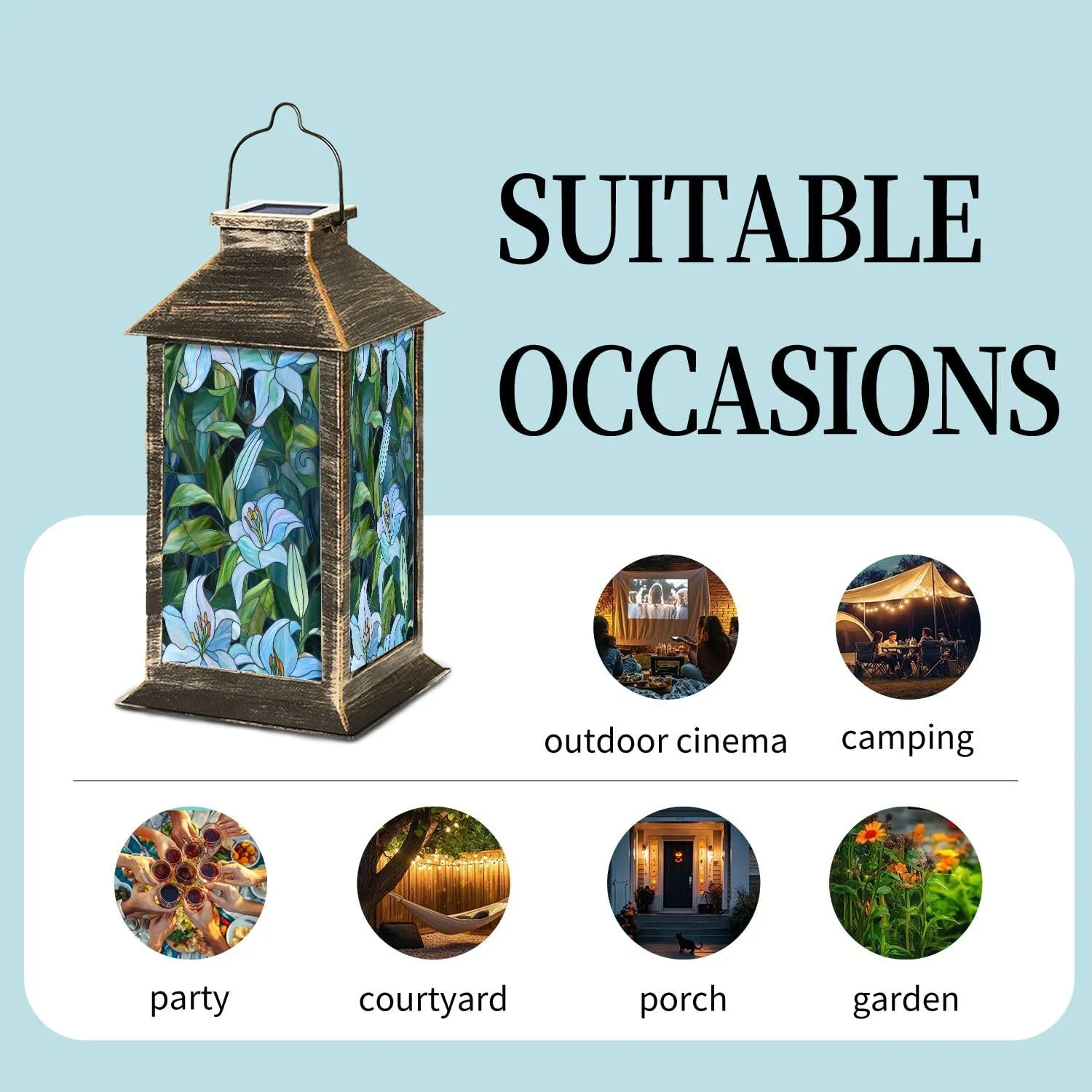 Solar Lantern Stained Glass Mosaic Blue Green Lily Swirling Leaves Outdoor Waterproof Garden Hanging Lantern Solar Powered Lighting Outside Table Lamp for Patio Deck Camping 1 Pack