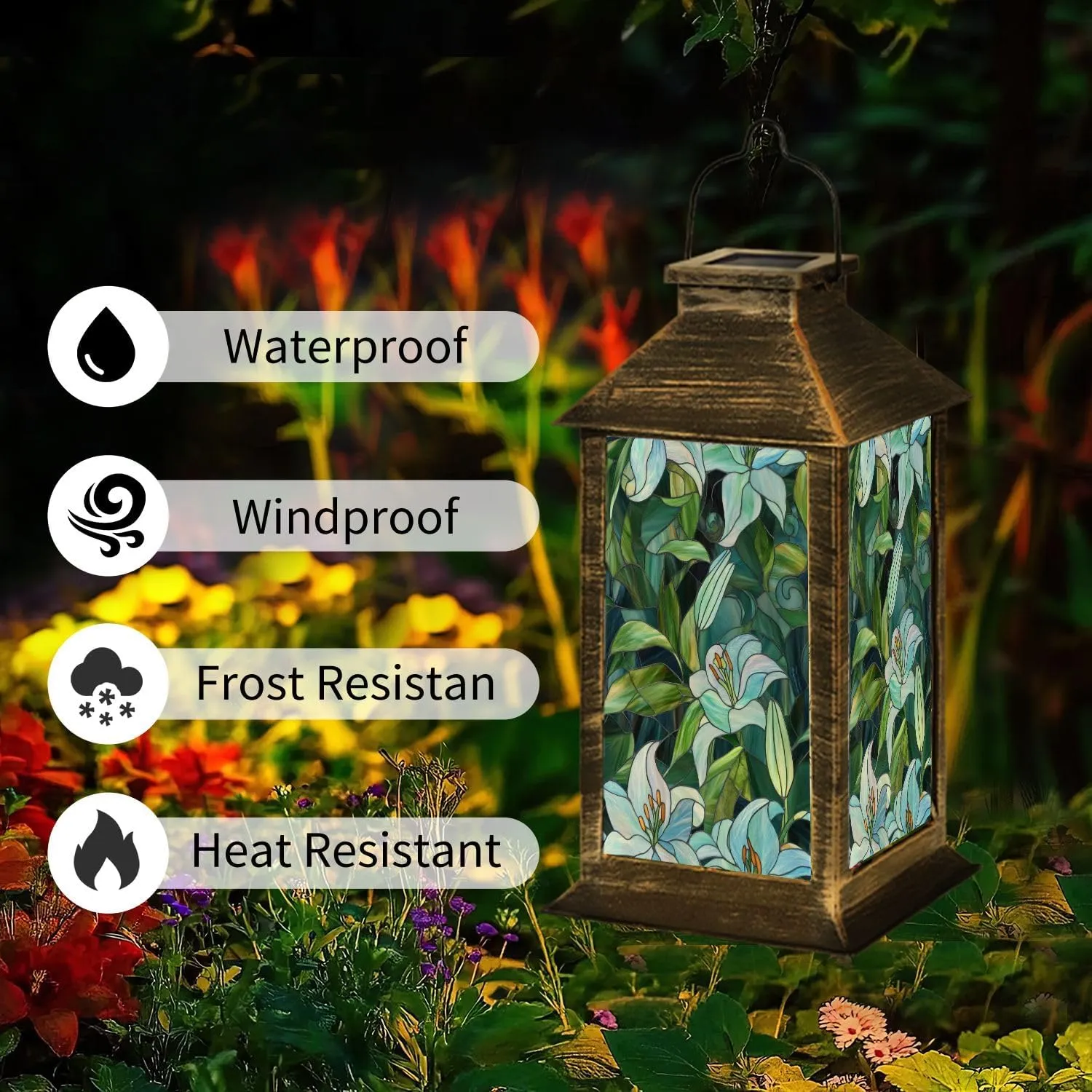 Solar Lantern Stained Glass Mosaic Blue Green Lily Swirling Leaves Outdoor Waterproof Garden Hanging Lantern Solar Powered Lighting Outside Table Lamp for Patio Deck Camping 1 Pack