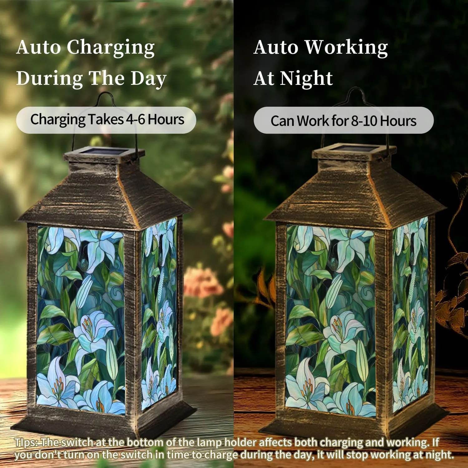Solar Lantern Stained Glass Mosaic Blue Green Lily Swirling Leaves Outdoor Waterproof Garden Hanging Lantern Solar Powered Lighting Outside Table Lamp for Patio Deck Camping 1 Pack