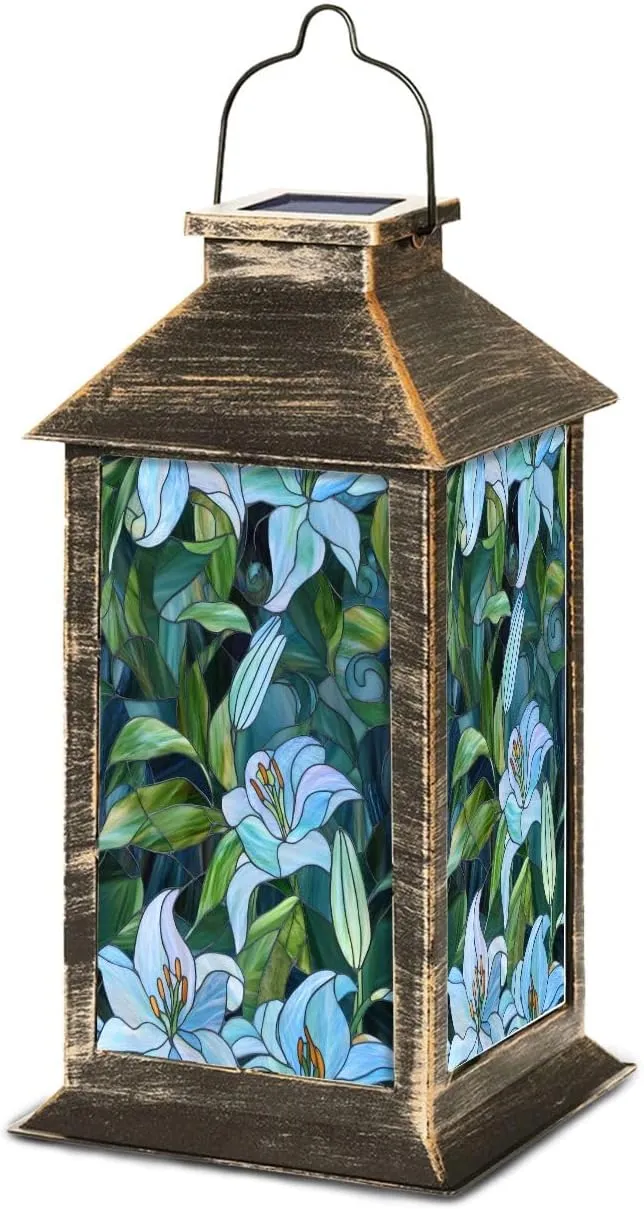 Solar Lantern Stained Glass Mosaic Blue Green Lily Swirling Leaves Outdoor Waterproof Garden Hanging Lantern Solar Powered Lighting Outside Table Lamp for Patio Deck Camping 1 Pack